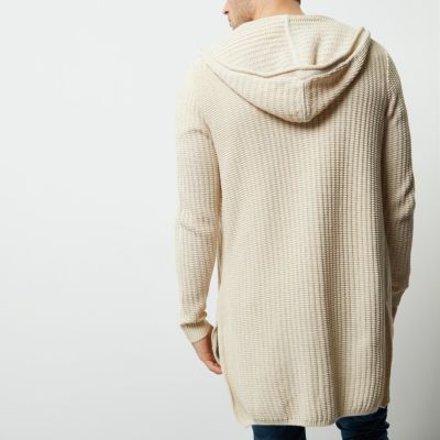Stone ribbed knit hooded longline cardigan